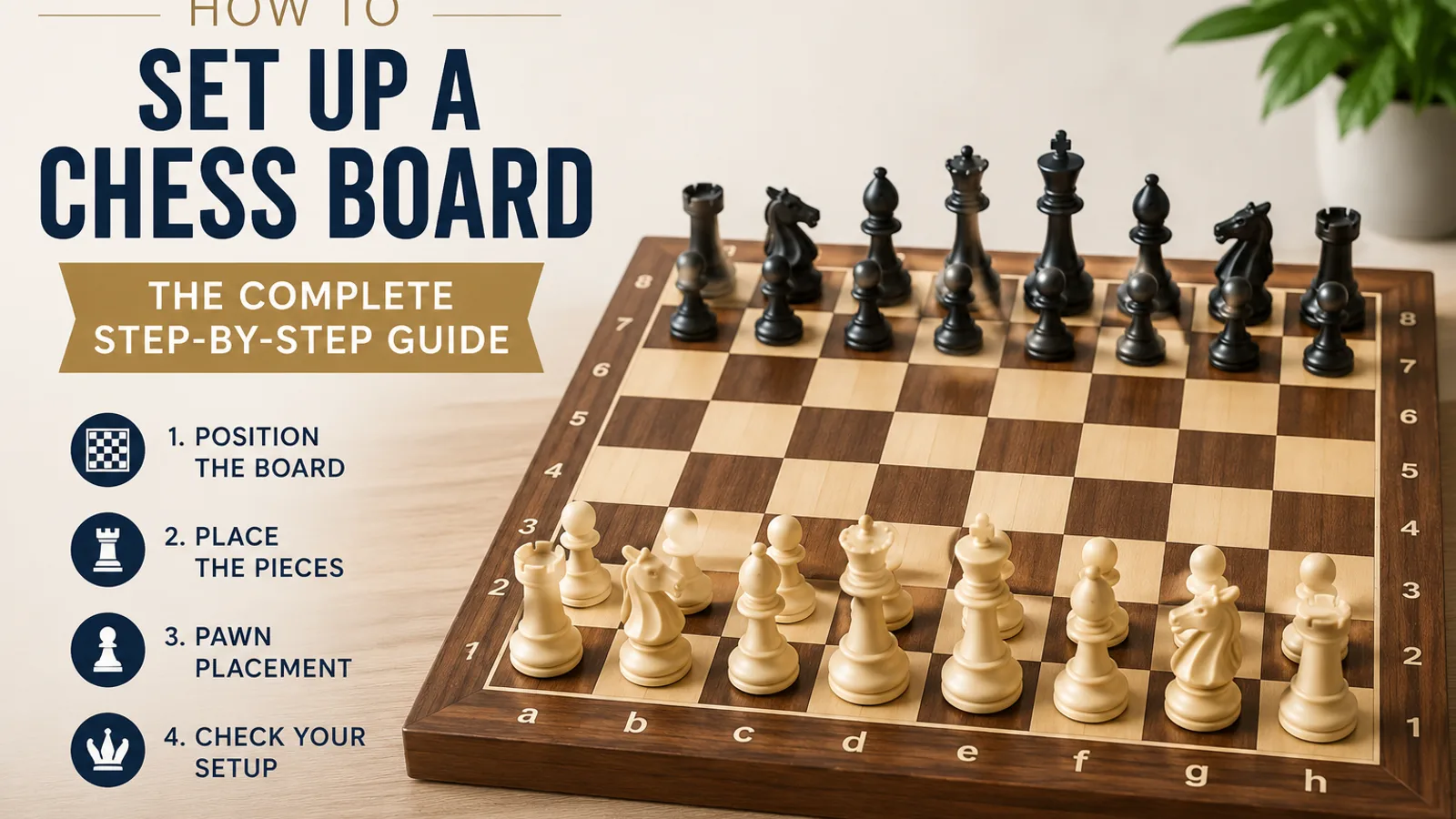 Chess board set up in the standard starting position with white and black pieces, illustrating a step-by-step guide on how to set up a chessboard.